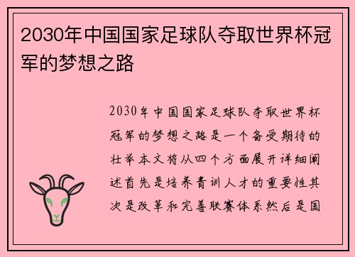 2030年中国国家足球队夺取世界杯冠军的梦想之路